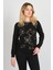 Kadın Desenli Bisiklet Yaka Uzun Kol Bluz 24611 Siyah 1