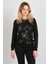 Kadın Desenli Bisiklet Yaka Uzun Kol Bluz 24611 Siyah 3