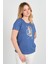 Kadın Baskı Desenli Kısa Kollu Bisiklet Yaka Bluz 24165 Indigo 1