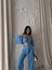 Keten Crop Bluz Büzgü Yaka + Pantolon Takım - Mavi 3