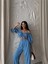 Keten Crop Bluz Büzgü Yaka + Pantolon Takım - Mavi 5