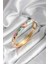 Mineli Pirinç Mavi ve Pembe Üçgen Desenli Gold Renk Kadın Kelepçe (Çap 60 Mm) 1