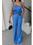 Fh Fashionhere Jakarlı Bluzu Tasarım Detaylı Ceket-Pantolon-Bluz 3 Lü Takım - Mavi 4