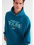 Mood Erkek Içi Polarlı Yazı Baskılı Yakası Çıtçıtlı Kapüşonlu Petrol Yeşili Sweatshirt 3