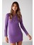 Cutıe Kadın Fitilli Esnek Kumaşlı Bodycon Fit Metal Düğmeli Mini Mor Elbise 3