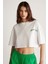Carıssa Kadın Bisiklet Yaka Baskı Detaylı Crop Beyaz T-Shirt 1