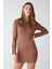 Cutıe Kadın Fitilli Esnek Kumaşlı Bodycon Fit Metal Düğmeli Mini Kahverengi Elbise 2