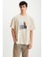RAMADANP007 Erkek PAMUK Bisiklet Yaka Baskılı Bej T-Shirt 3