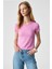 MASROUTI Kadın Slim Kısa V Yaka Kısa Kol Pembe T-Shirt 3