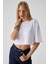 QEFKOP Kadın %100 Pamuk Bisiklet Yaka Oversize Beyaz T-Shirt 3