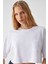 QEFKOP Kadın %100 Pamuk Bisiklet Yaka Oversize Beyaz T-Shirt 5