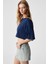 Qefkop Kadın %100 Pamuk Bisiklet Yaka Oversize Lacivert T-Shirt 3