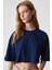 Qefkop Kadın %100 Pamuk Bisiklet Yaka Oversize Lacivert T-Shirt 4