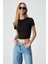 CERAEN Kadın Slim Kısa Kol Bisiklet Yaka Siyah T-Shirt 1