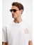 Bonıe Erkek Ön Baskı ve Nakış Detaylı Organik Pamuklu Oversize Bisiklet Yaka Beyaz T-Shirt 4