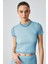 GRESNA Kadın Slim Çizgili Bisiklet Yaka Kısa Kol Tül Mavi T-Shirt 1