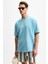 Ourflow Erkek Nakış Detaylı Organik Pamuk Bisiklet Yaka Kısa Kollu Oversize Açık Mavi T-Shirt 1