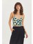 Desenli V Yaka Askılı Crop Top Mavi 1