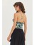 Desenli V Yaka Askılı Crop Top Mavi 4