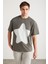 ADAN Erkek %100 Pamuk Yıldız Baskılı Bisiklet Yaka Kısa Kollu Oversize Gri T-Shirt 1