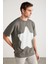 ADAN Erkek %100 Pamuk Yıldız Baskılı Bisiklet Yaka Kısa Kollu Oversize Gri T-Shirt 2