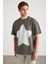 ADAN Erkek %100 Pamuk Yıldız Baskılı Bisiklet Yaka Kısa Kollu Oversize Gri T-Shirt 3