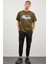 Ademir Erkek Oversize Fit Önü Dağ Baskılı Bisiklet Yaka %100 Pamuklu Haki T-shirt 4