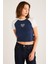 Vane Kadın Pamuk Kısa Kollu Baskılı Crop Navy/beyaz T-Shirt 3