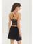 Desenli V Yaka Askılı Crop Top Siyah 4