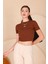 Kadın Kahverengi Bisiklet Yaka Crop T-Shirt - 169 2