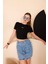 Kadın Siyah Bisiklet Yaka Crop T-Shirt - 169 3