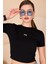 Kadın Siyah Bisiklet Yaka Crop T-Shirt - 169 6