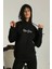 Kadın Sırt Baskılı Oversize Üç Iplik Kapüşonlu Sweatshirt - Siyah 1
