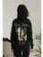 Kadın Sırt Baskılı Oversize Üç Iplik Kapüşonlu Sweatshirt - Siyah 2