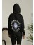 Kadın Sırt Baskılı Oversize Üç Iplik Kapüşonlu Sweatshirt - Siyah 4