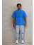 Unisex Oversize Baskılı Bisiklet Yaka T-Shirt - Mavi 4