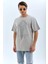 Unisex Oversize Taşlı Bisiklet Yaka T-Shirt - Gri 4