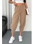 Kadın Pamuklu Bel Lastikli Dikiş Detaylı Camel Gabardin Kumaş Pantolon 2