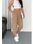 Kadın Pamuklu Bel Lastikli Dikiş Detaylı Camel Gabardin Kumaş Pantolon 4