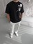 Unisex Bisiklet Yaka Baskılı Oversize T-Shirt - Siyah 1