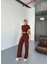 Osy Modal Yumuşak Dokulu Kumaş Kısa Kollu Crop Rahat Pantalon Ikili Takım - Kahverengi 1