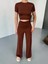Osy Modal Yumuşak Dokulu Kumaş Kısa Kollu Crop Rahat Pantalon Ikili Takım - Kahverengi 3