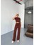 Osy Modal Yumuşak Dokulu Kumaş Kısa Kollu Crop Rahat Pantalon Ikili Takım - Kahverengi 5