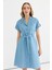 Erkek Yaka Düz Mavi Standart Kadın Elbise 25YSL7642 2