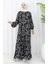 Kolu Lastikli Desenli Elbise 2055-04 Siyah 1
