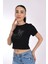 Perfect Yazılı Taş Detaylı Siyah Kelebek Crop T-Shirt – Cesur ve Işıltılı Stil 2