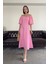 Balon Kol Premium Keten Elbise- Pembe 1
