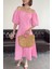 Balon Kol Premium Keten Elbise- Pembe 2
