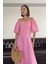 Balon Kol Premium Keten Elbise- Pembe 3