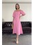Balon Kol Premium Keten Elbise- Pembe 4